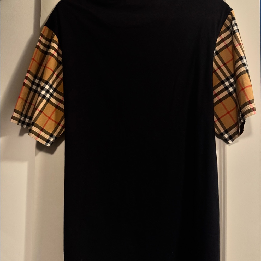 Burberry Black Tee with Plaid Sleeves